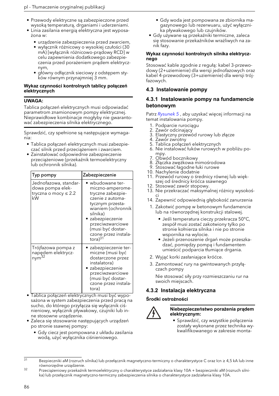 3 instalowanie pompy, 1 instalowanie pompy na fundamencie betonowym, 2 instalacja elektryczna | Xylem e-HM User Manual | Page 86 / 172