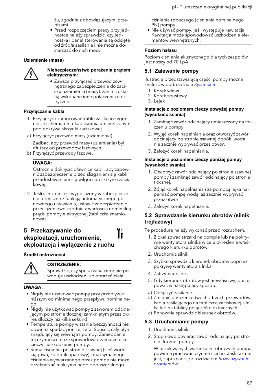 Przyłączanie kabla, 1 zalewanie pompy, 2 sprawdzanie kierunku obrotów (silnik trójfazowy) | 3 uruchamianie pompy | Xylem e-HM User Manual | Page 87 / 172