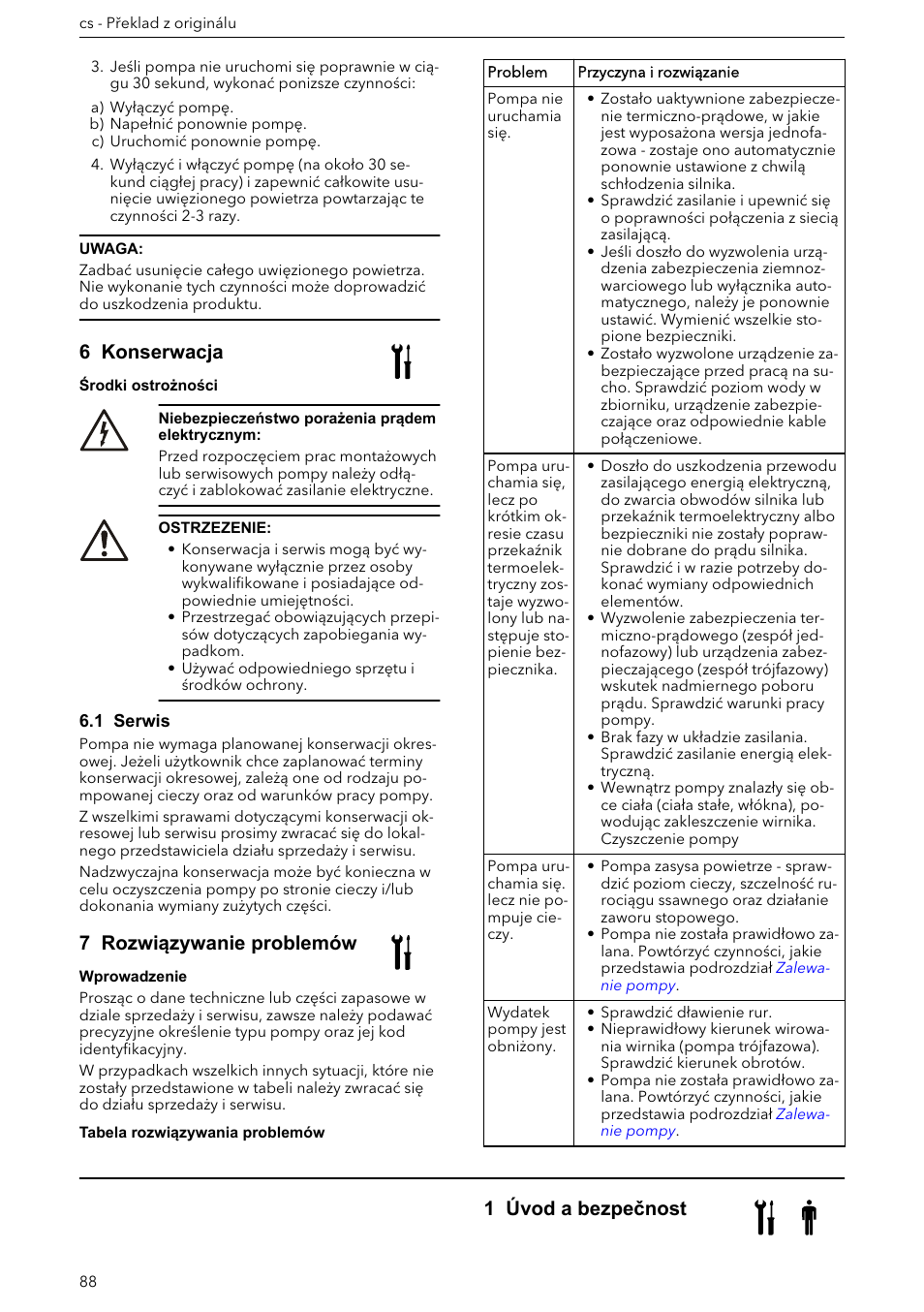 6 konserwacja, 1 serwis, 7 rozwiązywanie problemów | Návod k instalaci, provozu a údržbě, 1 úvod a bezpečnost, Rozwiązywanie, Problemów | Xylem e-HM User Manual | Page 88 / 172
