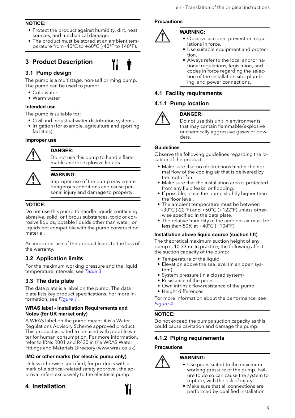 3 product description, 1 pump design, 2 application limits | 3 the data plate, 4 installation, 1 facility requirements, 1 pump location, 2 piping requirements | Xylem e-HM User Manual | Page 9 / 172