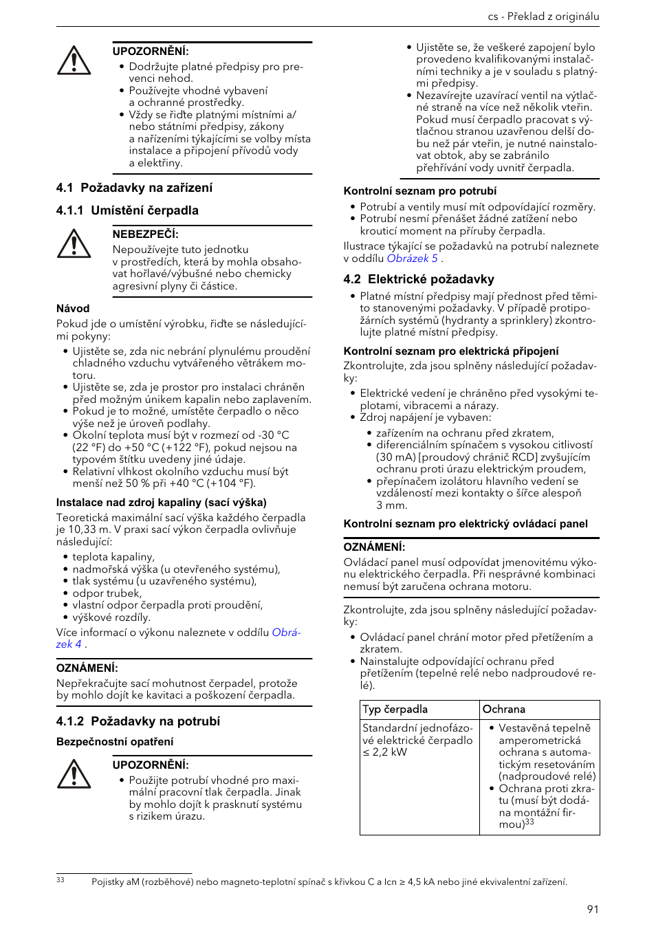 1 požadavky na zařízení, 1 umístění čerpadla, 2 požadavky na potrubí | 2 elektrické požadavky | Xylem e-HM User Manual | Page 91 / 172