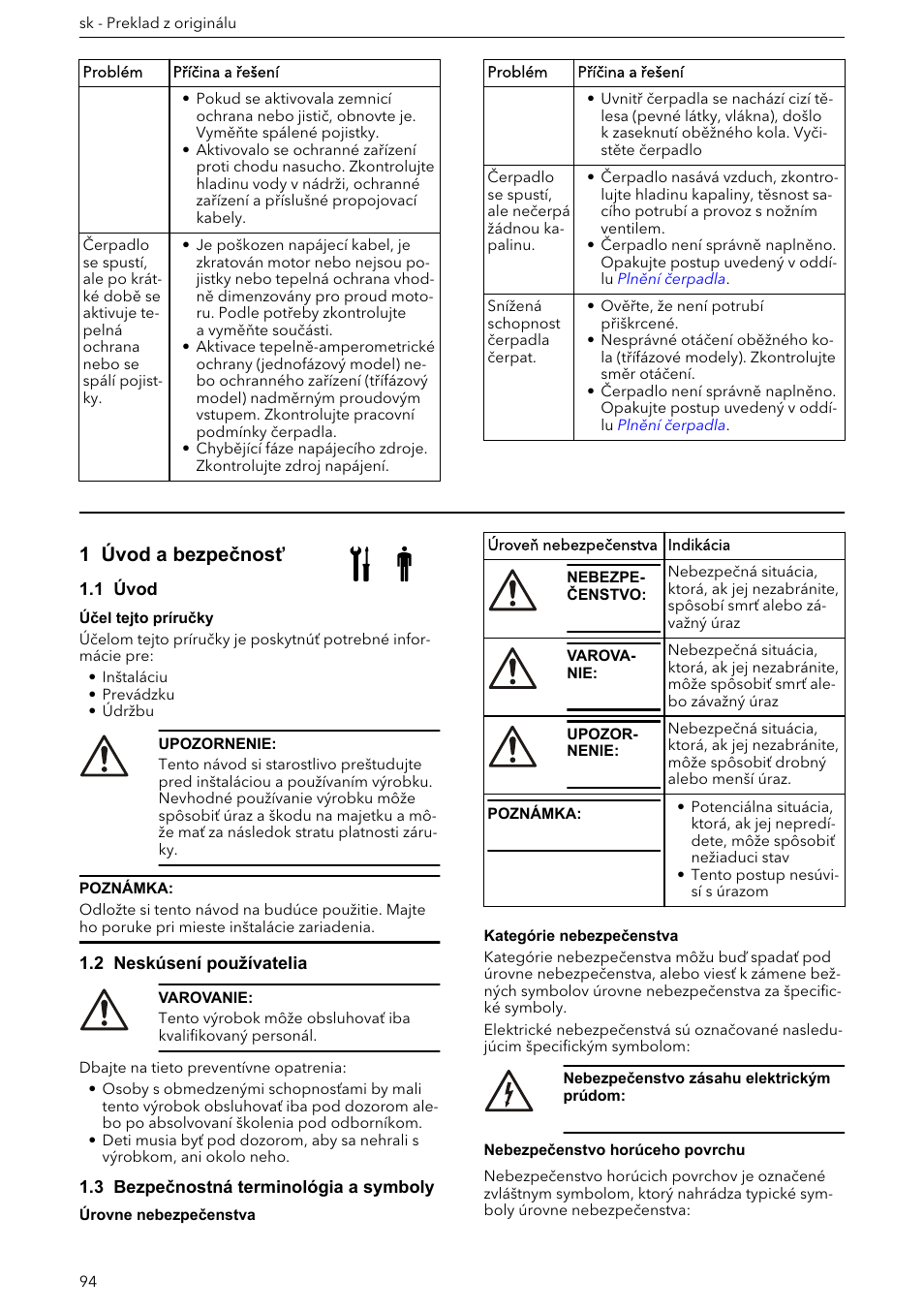 Návod na inštaláciu, obsluhu a údržbu, 1 úvod a bezpečnosť, 1 úvod | 2 neskúsení používatelia, 3 bezpečnostná terminológia a symboly | Xylem e-HM User Manual | Page 94 / 172