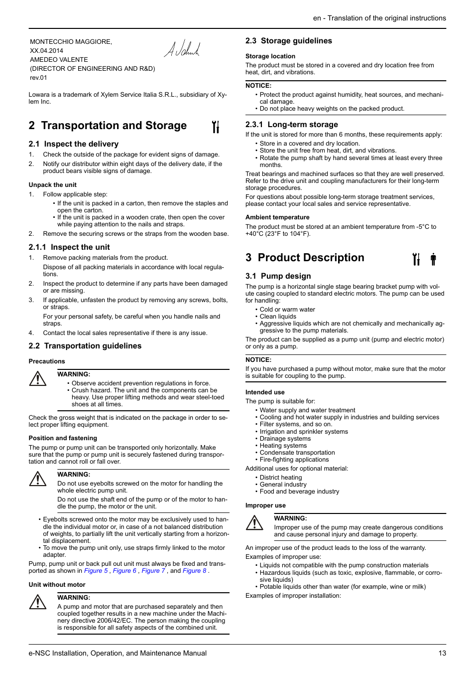 2 transportation and storage, 1 inspect the delivery, 1 inspect the unit | 2 transportation guidelines, 3 storage guidelines, 1 long-term storage, 3 product description, 1 pump design | Xylem e-NSC, e-NSCF, e-NSCC User Manual | Page 13 / 80