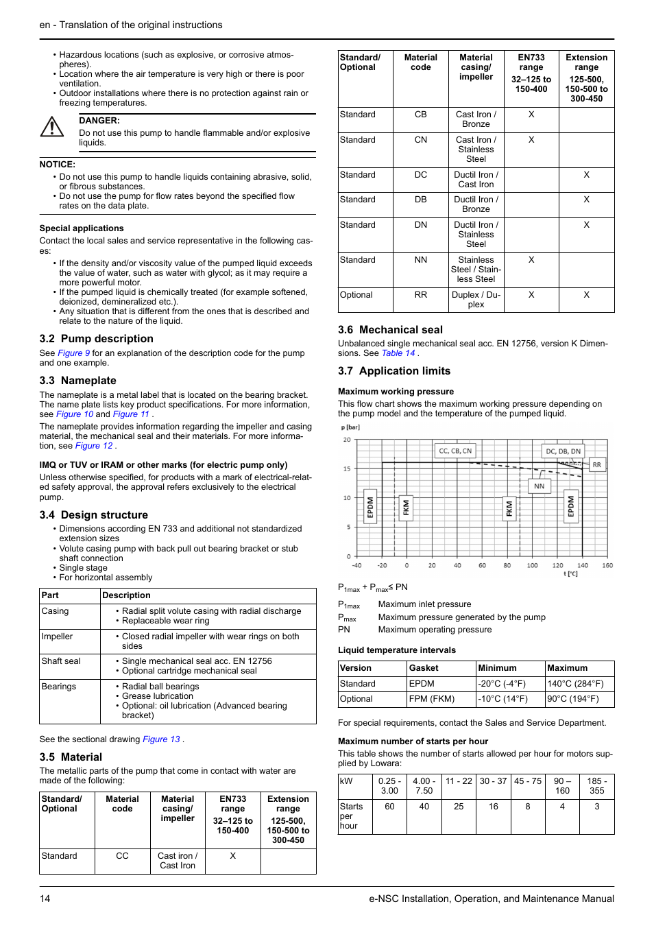 2 pump description, 3 nameplate, 4 design structure | 5 material, 6 mechanical seal, 7 application limits | Xylem e-NSC, e-NSCF, e-NSCC User Manual | Page 14 / 80