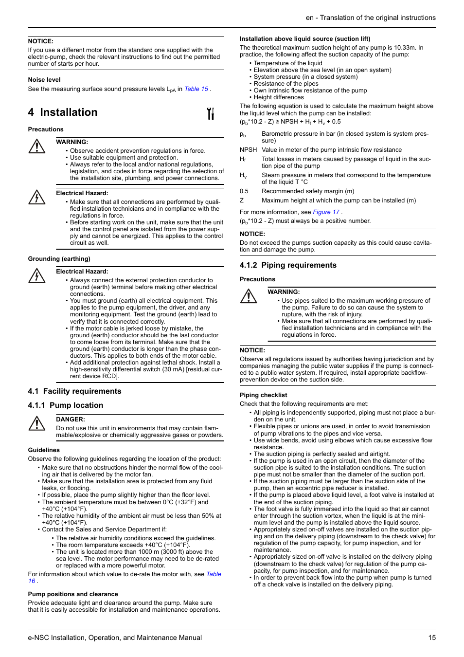 4 installation, 1 facility requirements, 1 pump location | 2 piping requirements, 1 facility requirements 4.1.1 pump location | Xylem e-NSC, e-NSCF, e-NSCC User Manual | Page 15 / 80