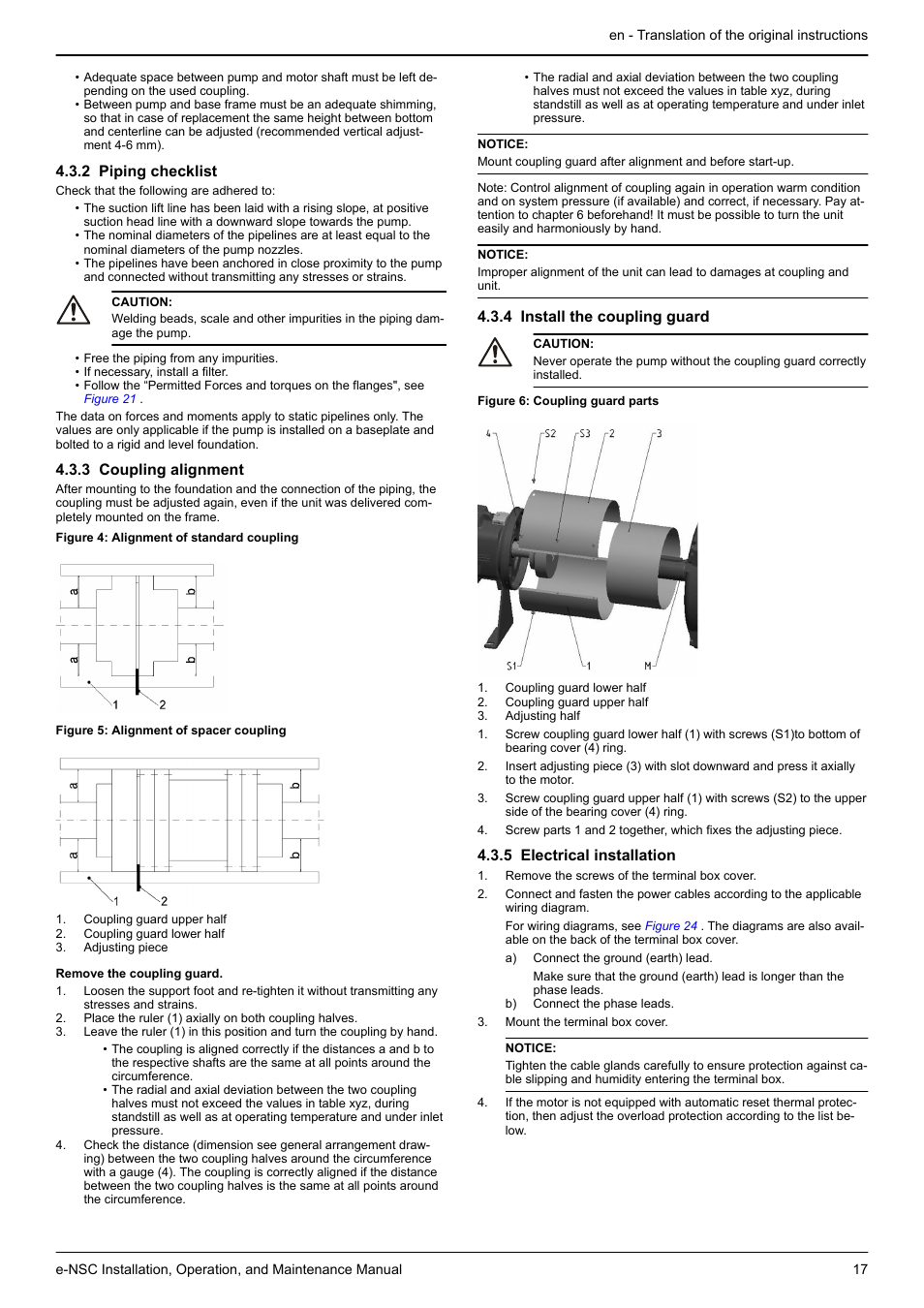 2 piping checklist, 3 coupling alignment, 4 install the coupling guard | 5 electrical installation | Xylem e-NSC, e-NSCF, e-NSCC User Manual | Page 17 / 80