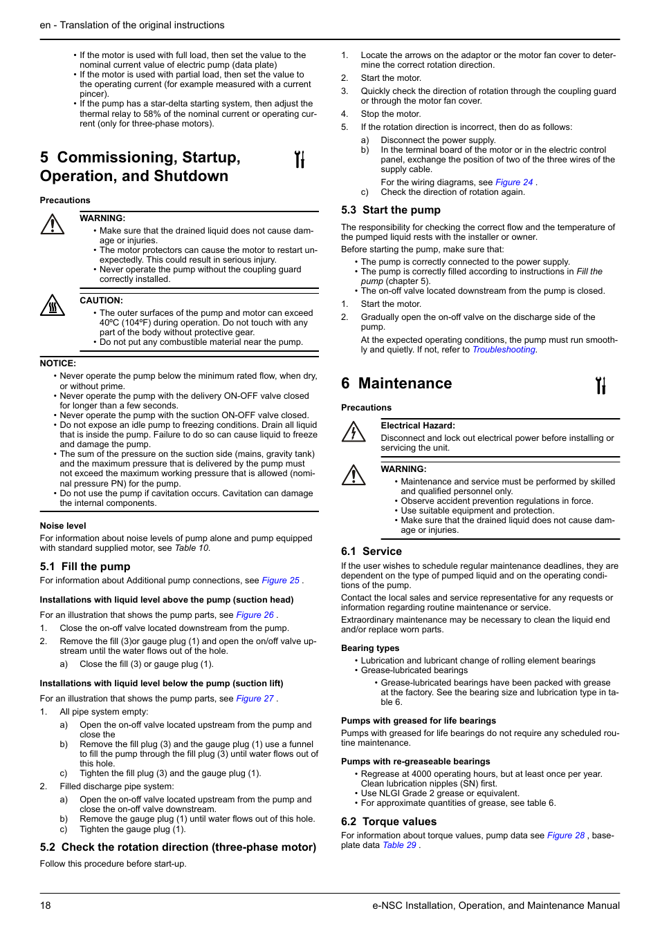 5 commissioning, startup, operation, and shutdown, 1 fill the pump, 2 check the rotation direction (three-phase motor) | 3 start the pump, 6 maintenance, 1 service, 2 torque values | Xylem e-NSC, e-NSCF, e-NSCC User Manual | Page 18 / 80