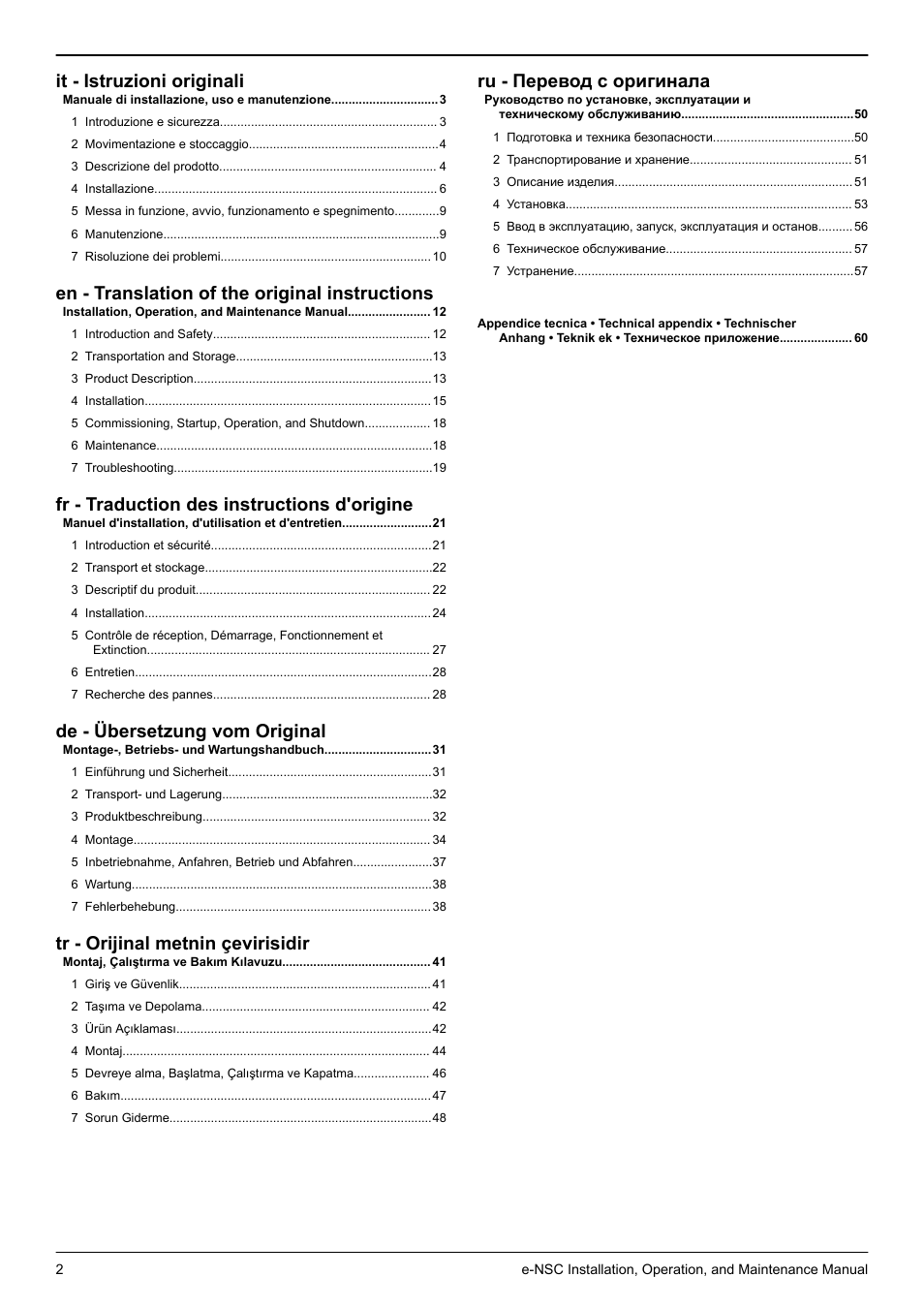 It - istruzioni originali, En - translation of the original instructions, Fr - traduction des instructions d'origine | De - übersetzung vom original, Tr - orijinal metnin çevirisidir, Ru - перевод с оригинала | Xylem e-NSC, e-NSCF, e-NSCC User Manual | Page 2 / 80