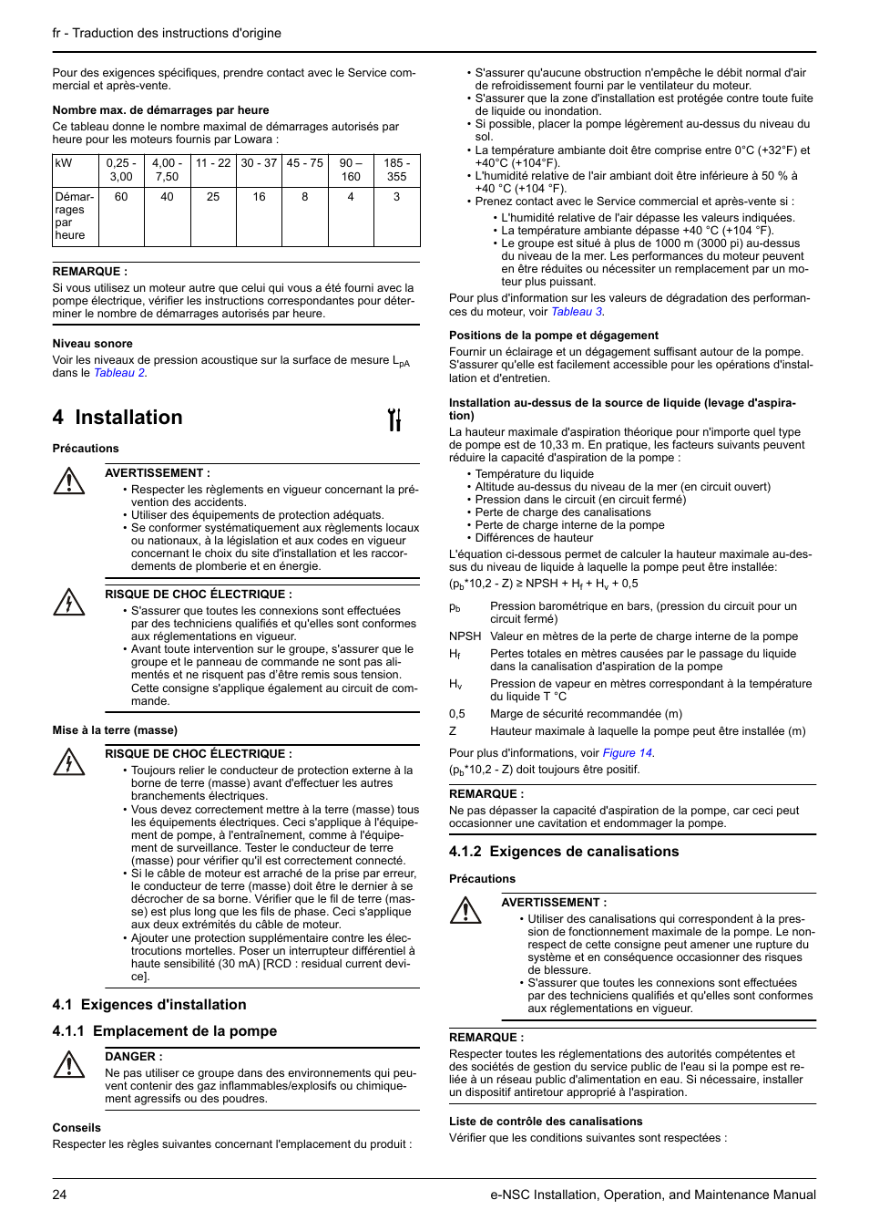 4 installation, 1 exigences d'installation, 1 emplacement de la pompe | 2 exigences de canalisations | Xylem e-NSC, e-NSCF, e-NSCC User Manual | Page 24 / 80