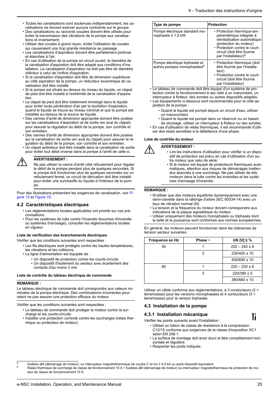 2 caractéristiques électriques, 3 installation de la pompe, 1 installation mécanique | Xylem e-NSC, e-NSCF, e-NSCC User Manual | Page 25 / 80