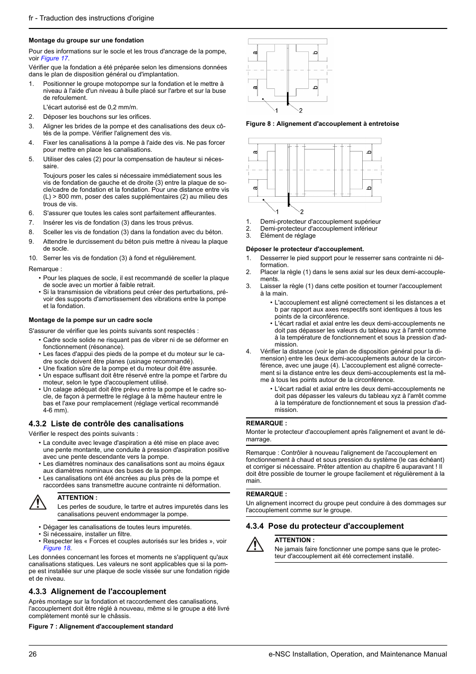 Montage du groupe sur une fondation, Montage de la pompe sur un cadre socle, 2 liste de contrôle des canalisations | 3 alignement de l'accouplement, 4 pose du protecteur d'accouplement | Xylem e-NSC, e-NSCF, e-NSCC User Manual | Page 26 / 80