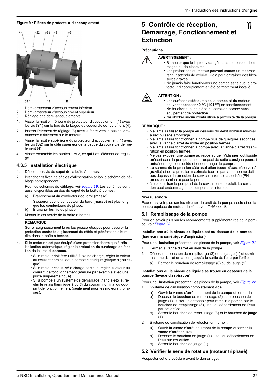5 installation électrique, 1 remplissage de la pompe, 2 vérifier le sens de rotation (moteur triphasé) | Extinction | Xylem e-NSC, e-NSCF, e-NSCC User Manual | Page 27 / 80
