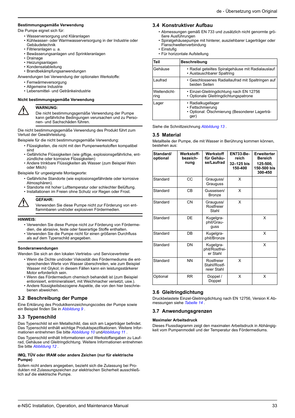 2 beschreibung der pumpe, 3 typenschild, 4 konstruktiver aufbau | 5 material, 6 gleitringdichtung, 7 anwendungsgrenzen | Xylem e-NSC, e-NSCF, e-NSCC User Manual | Page 33 / 80