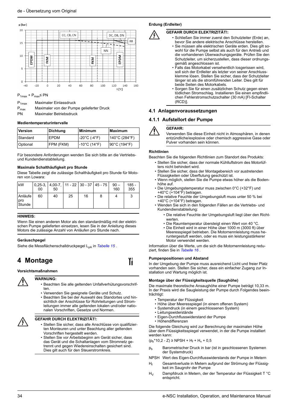 4 montage, 1 anlagenvoraussetzungen, 1 aufstellort der pumpe | Xylem e-NSC, e-NSCF, e-NSCC User Manual | Page 34 / 80