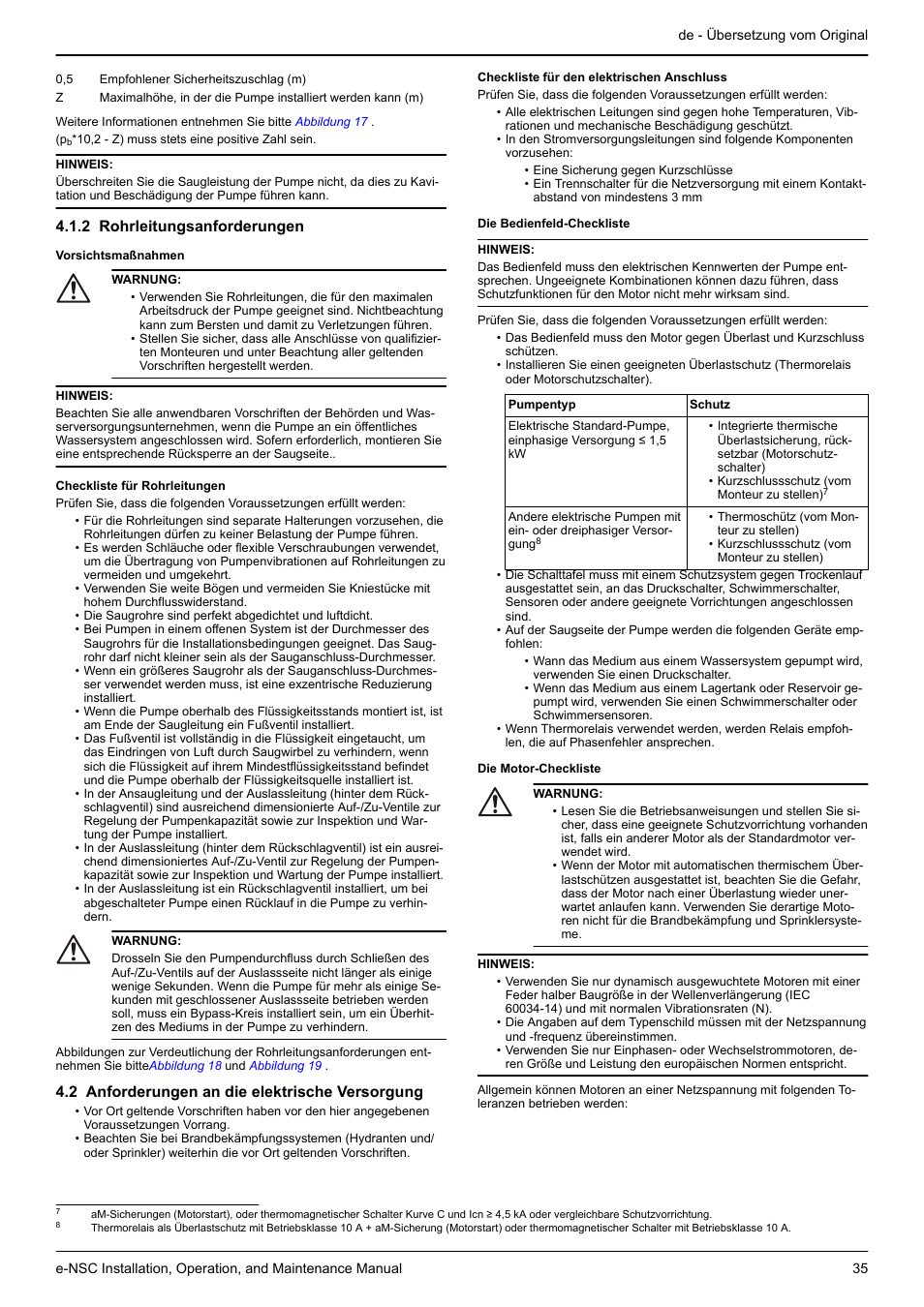 2 rohrleitungsanforderungen, 2 anforderungen an die elektrische versorgung | Xylem e-NSC, e-NSCF, e-NSCC User Manual | Page 35 / 80