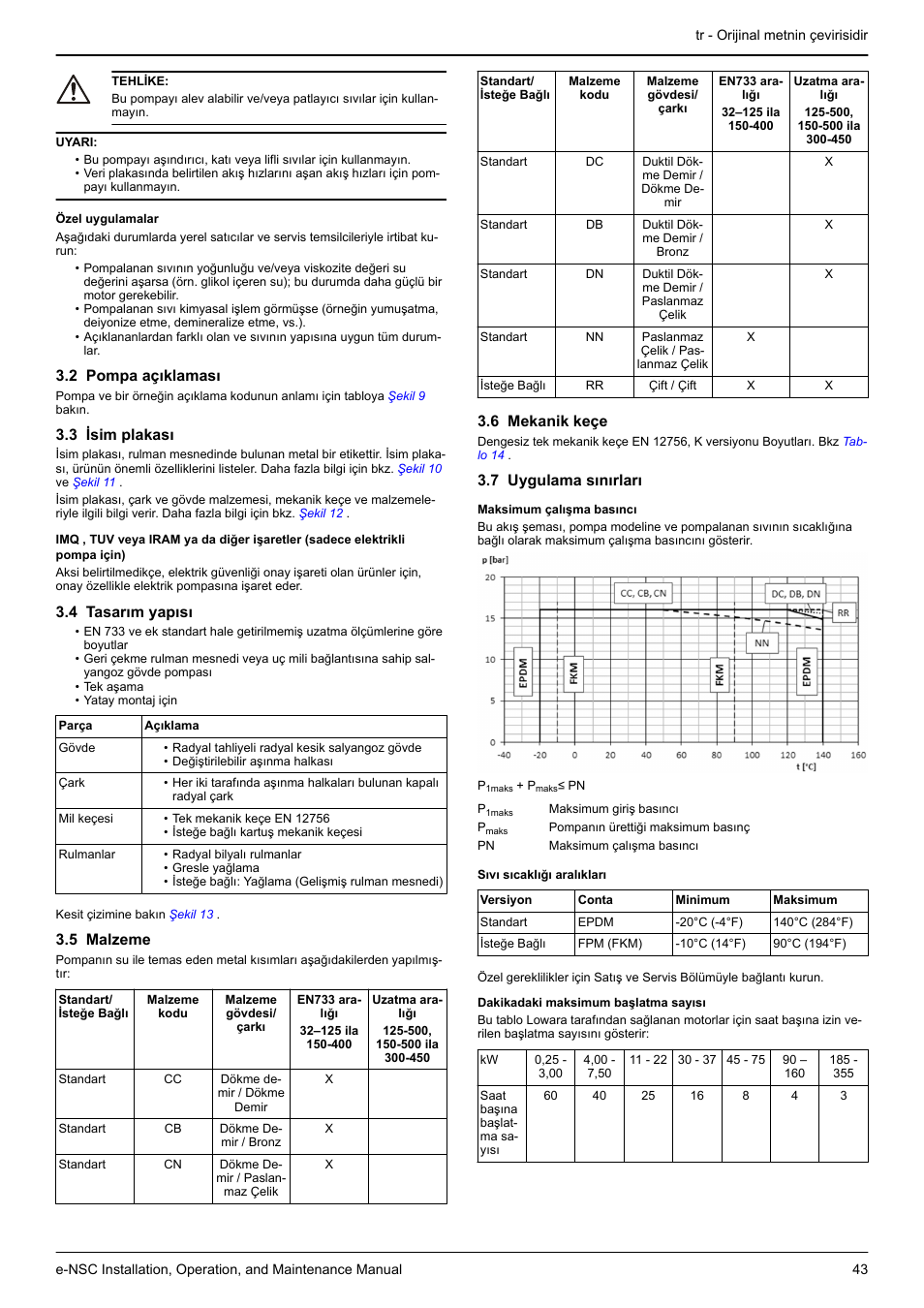2 pompa açıklaması, 3 isim plakası, 4 tasarım yapısı | 5 malzeme, 6 mekanik keçe, 7 uygulama sınırları | Xylem e-NSC, e-NSCF, e-NSCC User Manual | Page 43 / 80