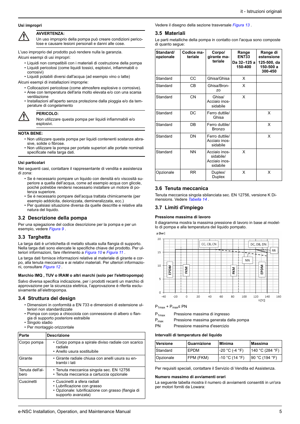 2 descrizione della pompa, 3 targhetta, 4 struttura del design | 5 materiali, 6 tenuta meccanica, 7 limiti d'impiego | Xylem e-NSC, e-NSCF, e-NSCC User Manual | Page 5 / 80