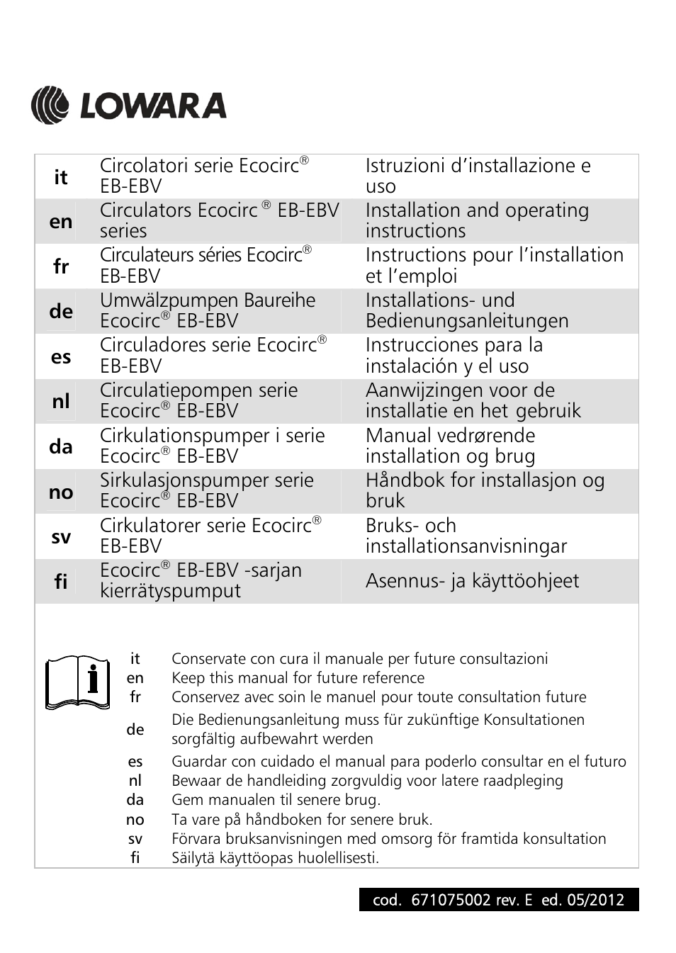 Xylem ECOCIRC EB EBV IM User Manual | 72 pages