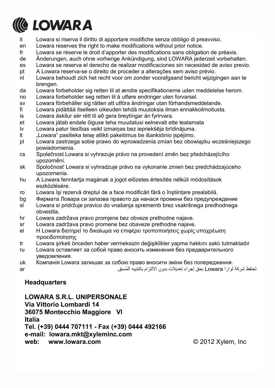 It - en - fr - de - es - nl - da - no - sv - fi | Xylem ECOCIRC EB EBV IM User Manual | Page 72 / 72