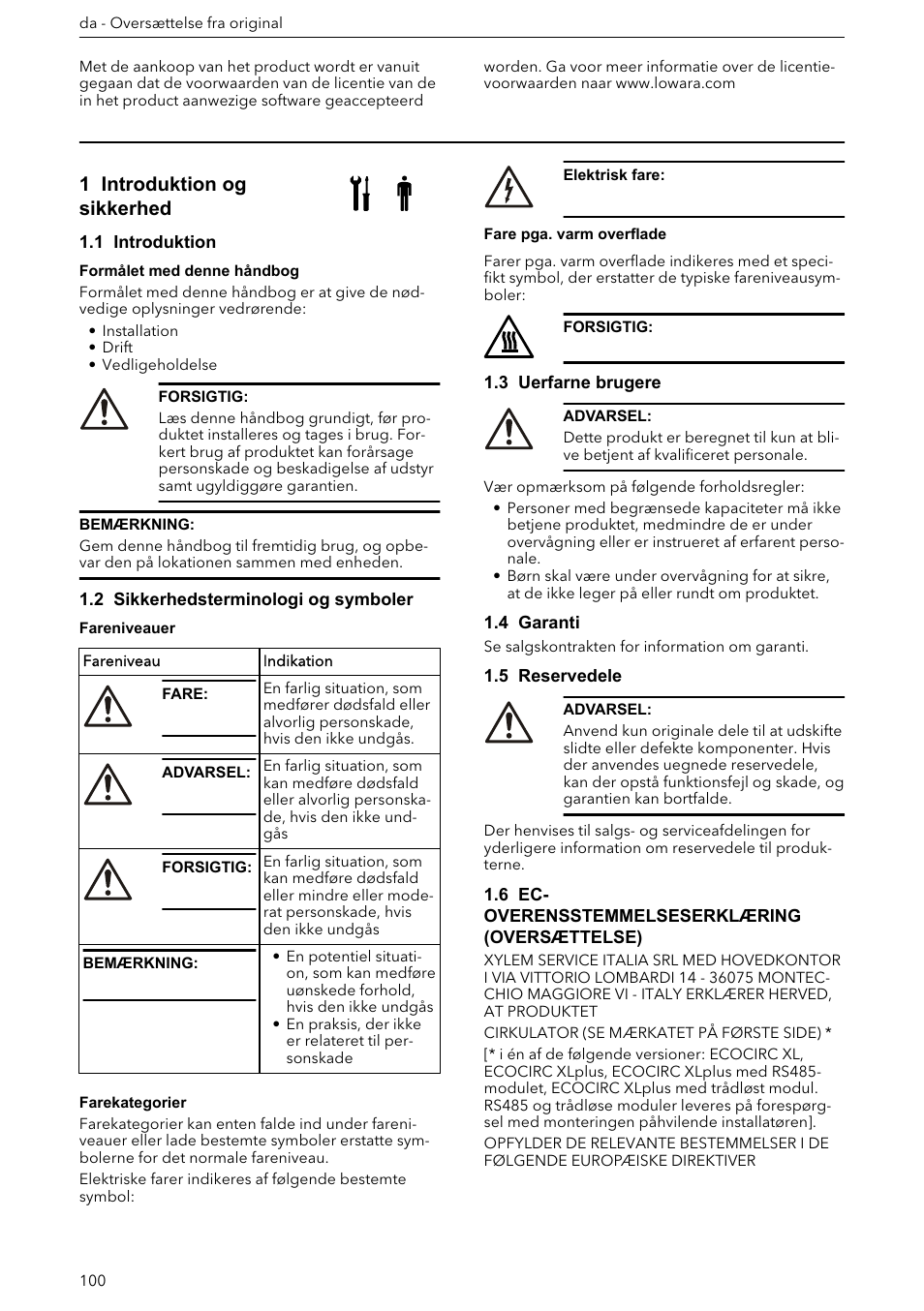 1 introduktion og sikkerhed, 1 introduktion, 2 sikkerhedsterminologi og symboler | 3 uerfarne brugere, 4 garanti, 5 reservedele, 6 ec-overensstemmelseserklæring (oversættelse) | Xylem ECOCIRC XL & XLplus User Manual | Page 100 / 404