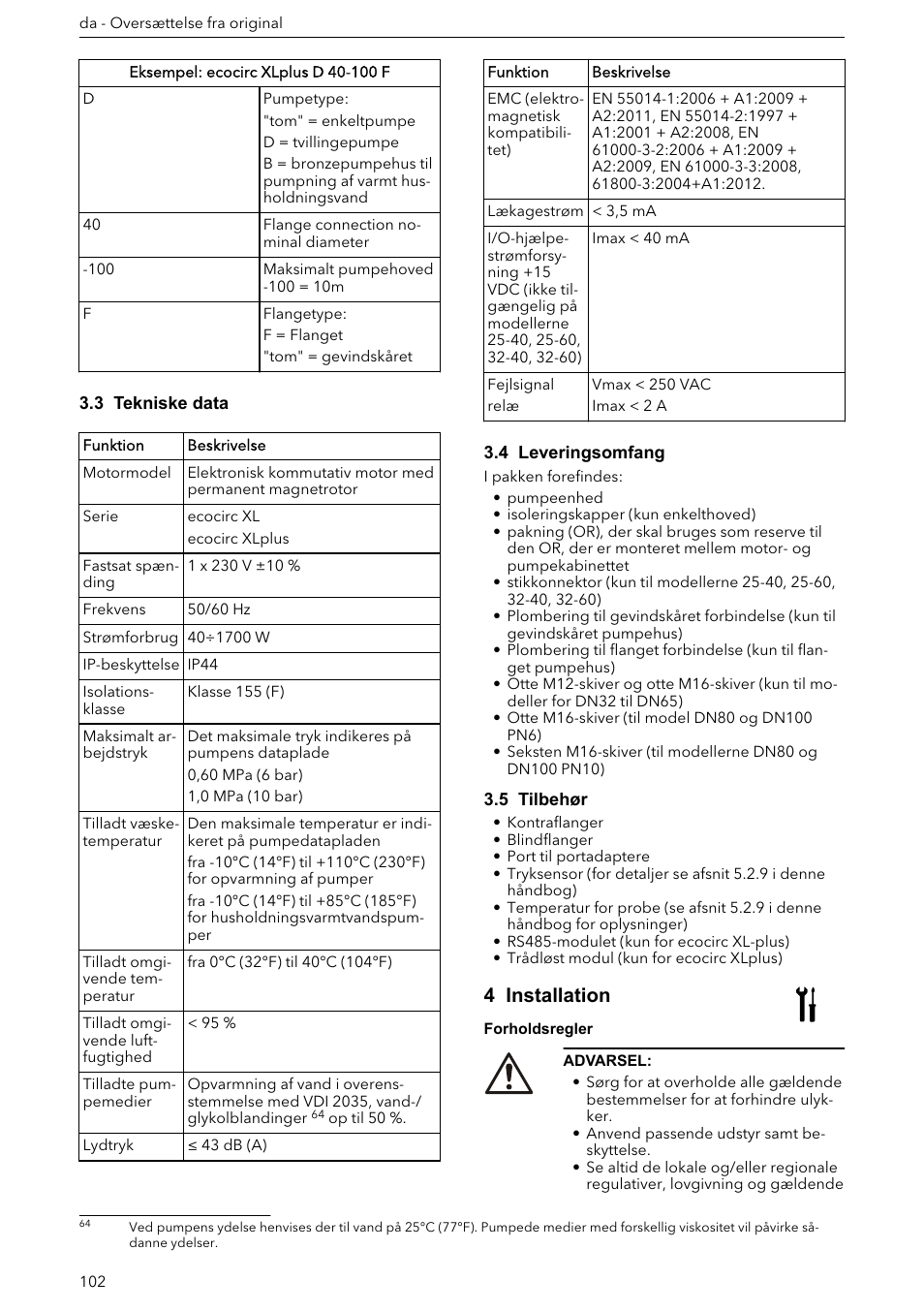 3 tekniske data, 4 leveringsomfang, 5 tilbehør | 4 installation | Xylem ECOCIRC XL & XLplus User Manual | Page 102 / 404