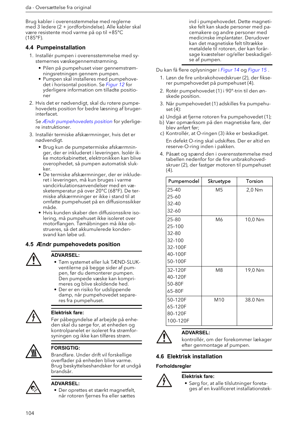 4 pumpeinstallation, 5 ændr pumpehovedets position, 6 elektrisk installation | Xylem ECOCIRC XL & XLplus User Manual | Page 104 / 404