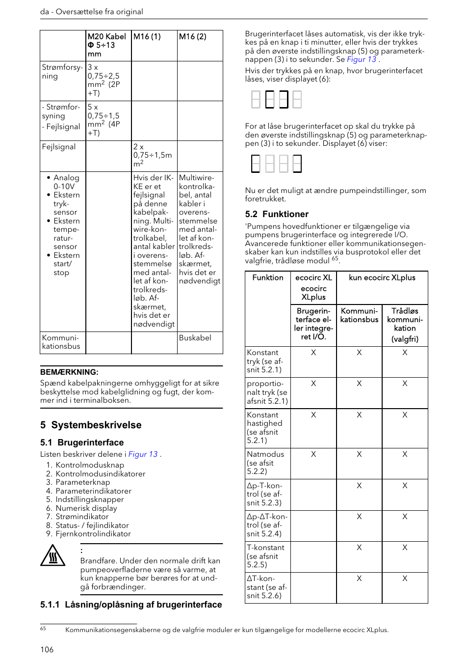 5 systembeskrivelse, 1 brugerinterface, 1 låsning/oplåsning af brugerinterface | 2 funktioner | Xylem ECOCIRC XL & XLplus User Manual | Page 106 / 404