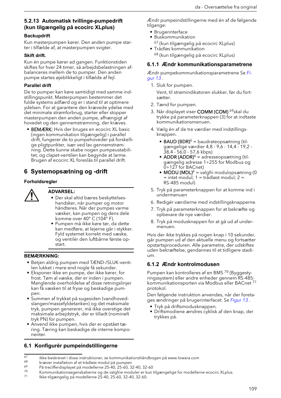 6 systemopsætning og -drift, 1 konfigurér pumpeindstillingerne, 1 ændr kommunikationsparametrene | 2 ændr kontrolmodusen | Xylem ECOCIRC XL & XLplus User Manual | Page 109 / 404