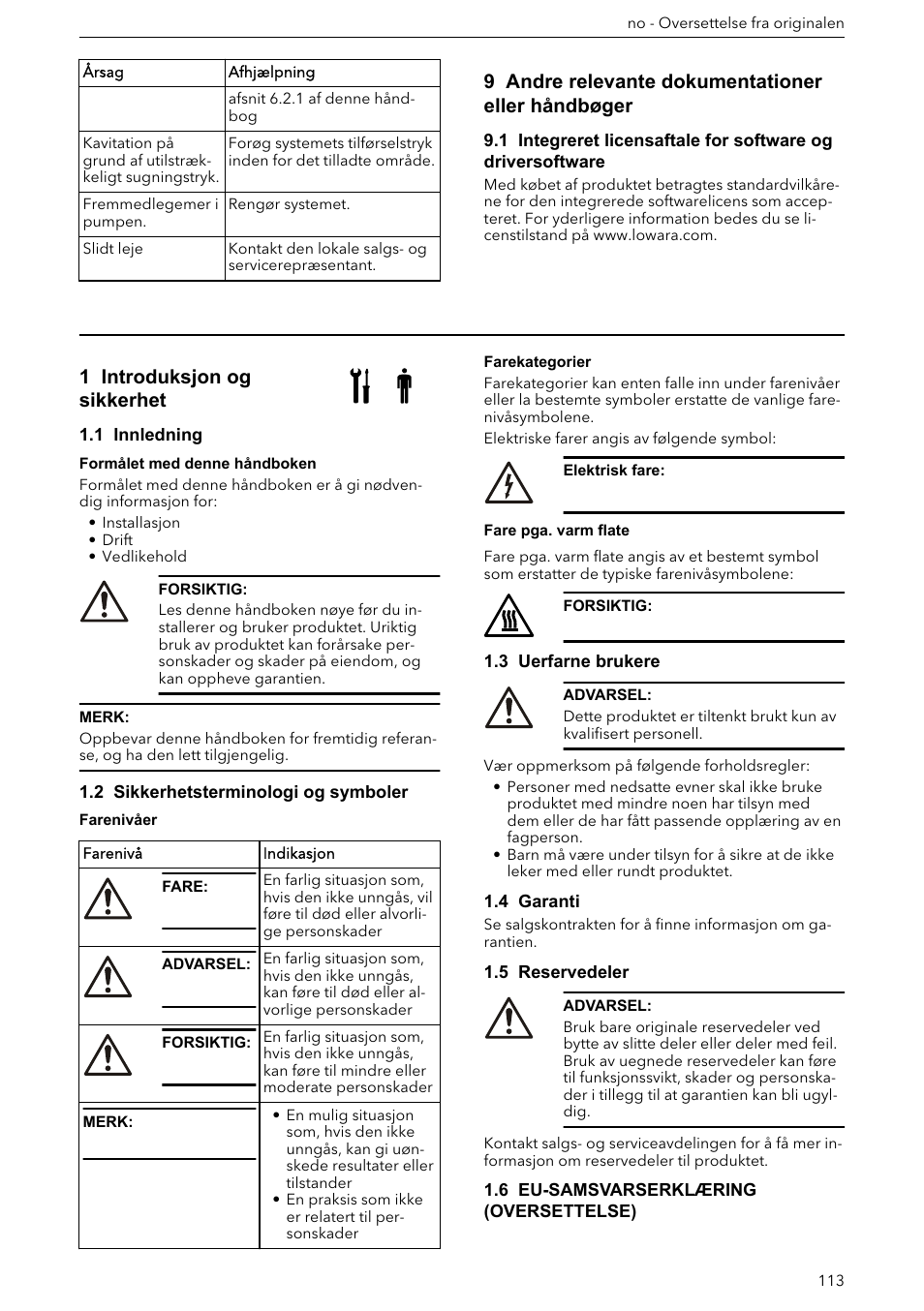 9 andre relevante dokumentationer eller håndbøger, Installasjons-, drifts- og vedlikeholdshåndbok, 1 introduksjon og sikkerhet | 1 innledning, 2 sikkerhetsterminologi og symboler, 3 uerfarne brukere, 4 garanti, 5 reservedeler, 6 eu-samsvarserklæring (oversettelse) | Xylem ECOCIRC XL & XLplus User Manual | Page 113 / 404