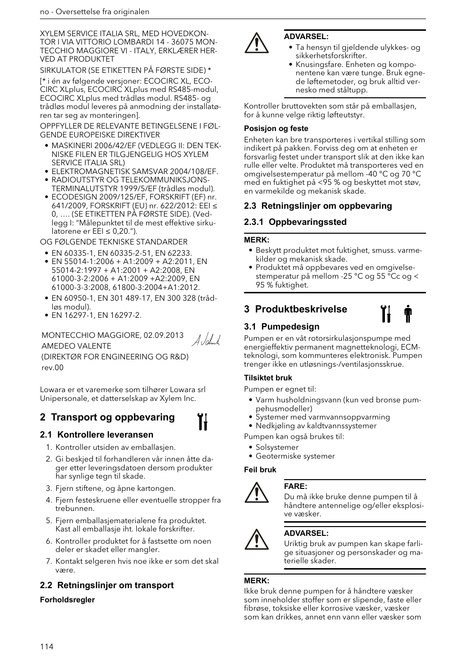 2 transport og oppbevaring, 1 kontrollere leveransen, 2 retningslinjer om transport | 3 retningslinjer om oppbevaring, 1 oppbevaringssted, 3 produktbeskrivelse, 1 pumpedesign | Xylem ECOCIRC XL & XLplus User Manual | Page 114 / 404
