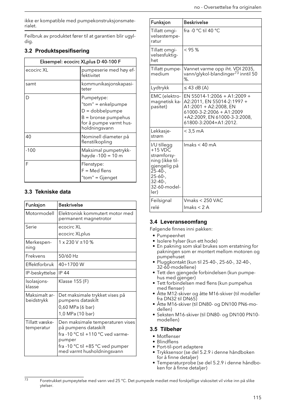 2 produktspesifisering, 3 tekniske data, 4 leveranseomfang | 5 tilbehør | Xylem ECOCIRC XL & XLplus User Manual | Page 115 / 404