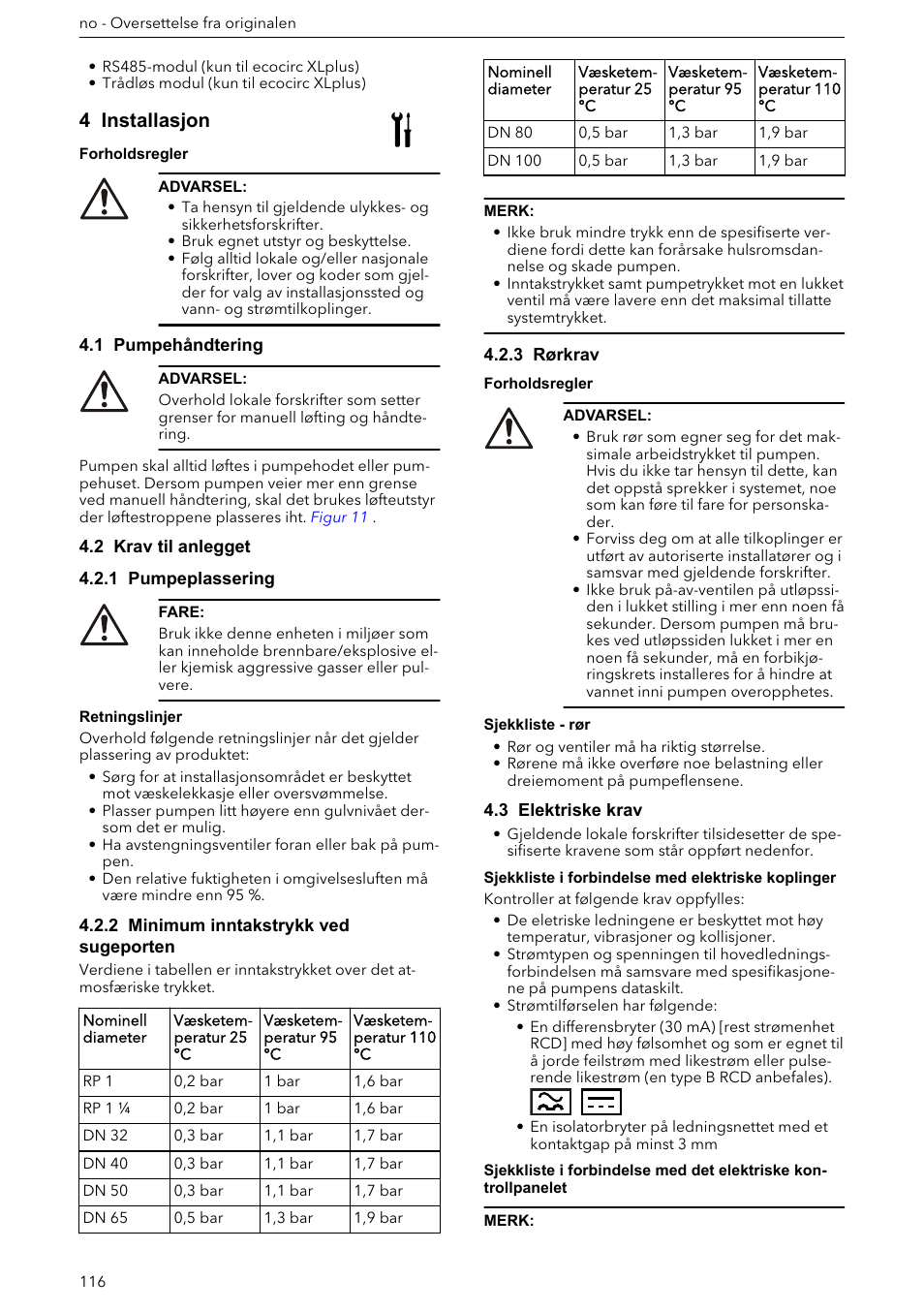4 installasjon, 1 pumpehåndtering, 2 krav til anlegget | 1 pumpeplassering, 2 minimum inntakstrykk ved sugeporten, 3 rørkrav, 3 elektriske krav | Xylem ECOCIRC XL & XLplus User Manual | Page 116 / 404