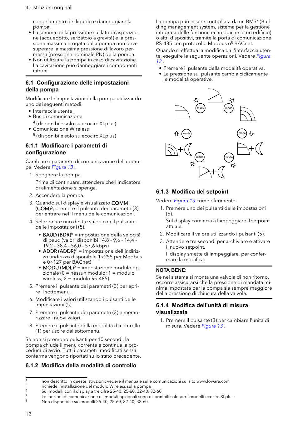 1 configurazione delle impostazioni della pompa, 1 modificare i parametri di configurazione, 2 modifica della modalità di controllo | 3 modifica del setpoint, 4 modifica dell'unità di misura visualizzata | Xylem ECOCIRC XL & XLplus User Manual | Page 12 / 404
