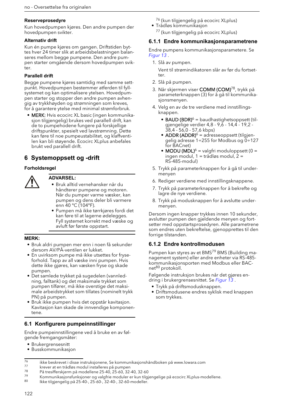 6 systemoppsett og -drift, 1 konfigurere pumpeinnstillinger, 1 endre kommunikasjonsparametrene | 2 endre kontrollmodusen | Xylem ECOCIRC XL & XLplus User Manual | Page 122 / 404