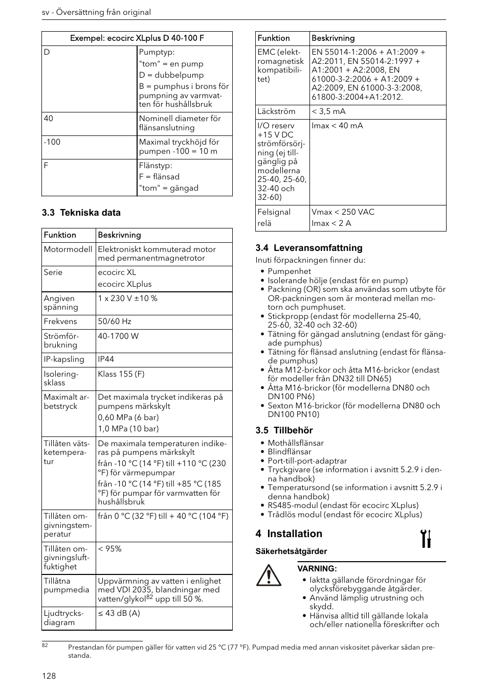 3 tekniska data, 4 leveransomfattning, 5 tillbehör | 4 installation | Xylem ECOCIRC XL & XLplus User Manual | Page 128 / 404