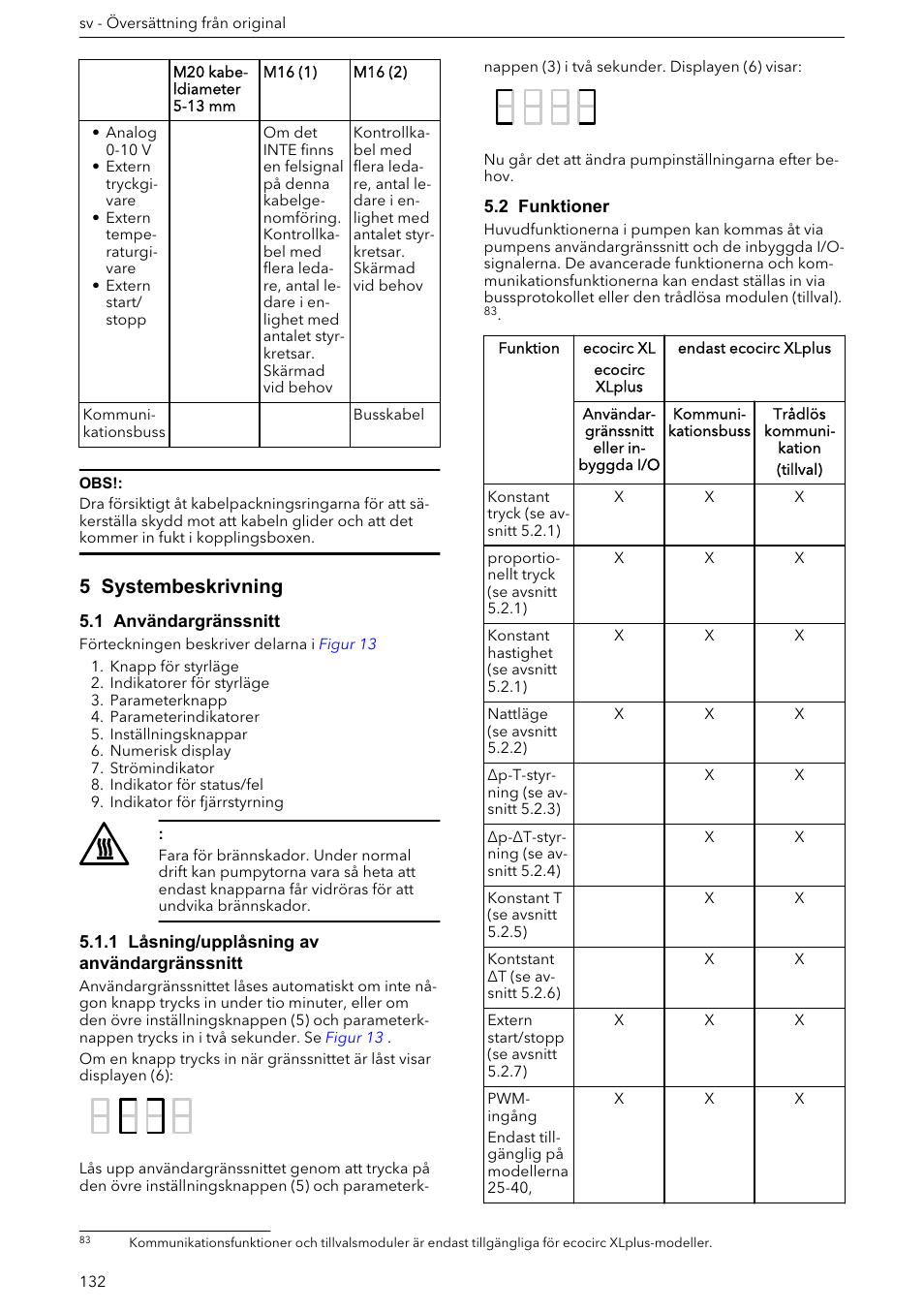 5 systembeskrivning, 1 användargränssnitt, 1 låsning/upplåsning av användargränssnitt | 2 funktioner | Xylem ECOCIRC XL & XLplus User Manual | Page 132 / 404