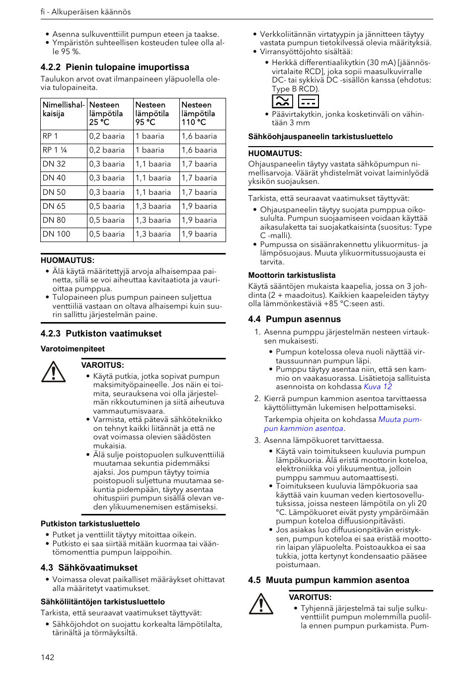 2 pienin tulopaine imuportissa, 3 putkiston vaatimukset, 3 sähkövaatimukset | 4 pumpun asennus, 5 muuta pumpun kammion asentoa | Xylem ECOCIRC XL & XLplus User Manual | Page 142 / 404