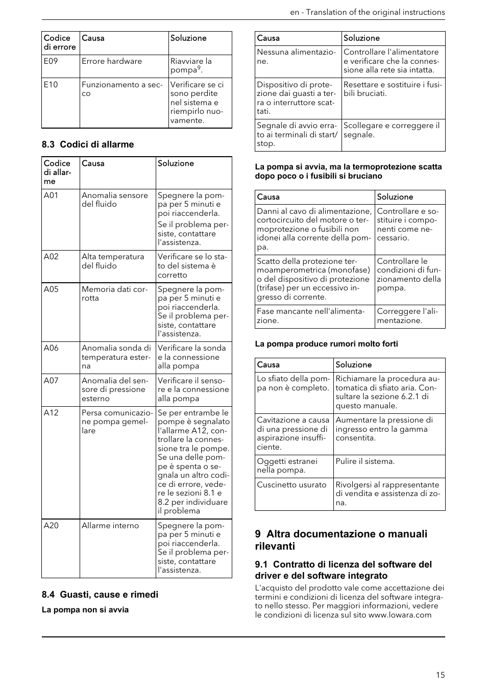 3 codici di allarme, 4 guasti, cause e rimedi, 9 altra documentazione o manuali rilevanti | Installation, operation, and maintenance manual | Xylem ECOCIRC XL & XLplus User Manual | Page 15 / 404