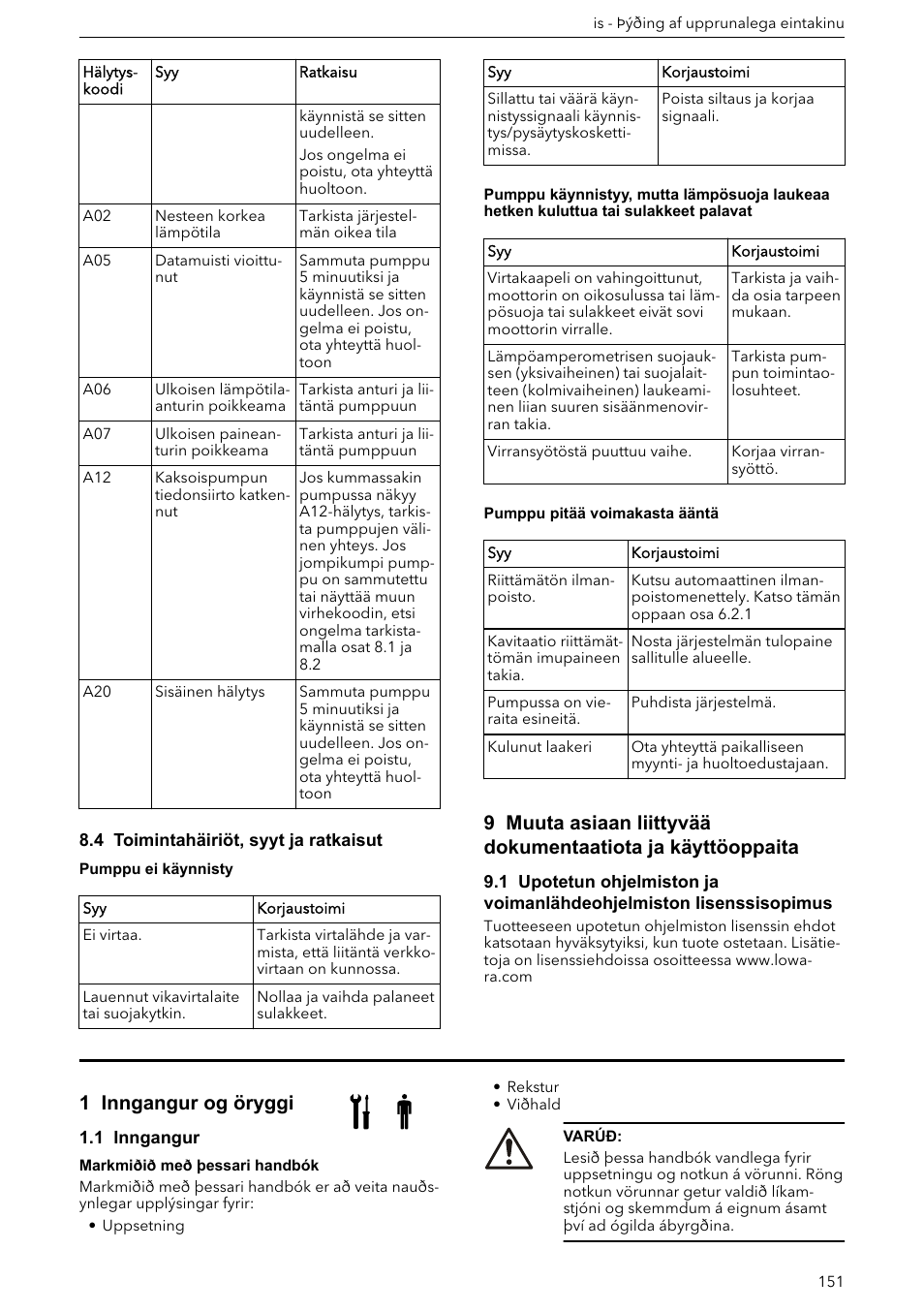 4 toimintahäiriöt, syyt ja ratkaisut, Handbók um uppsetningu, rekstur og viðhald, 1 inngangur og öryggi | 1 inngangur | Xylem ECOCIRC XL & XLplus User Manual | Page 151 / 404