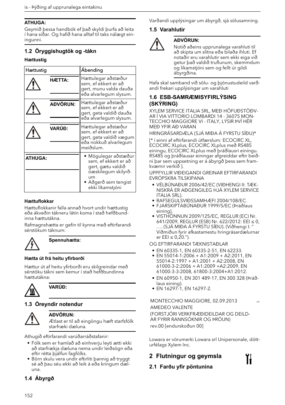 2 öryggishugtök og -tákn, 3 óreyndir notendur, 4 ábyrgð | 5 varahlutir, 6 esb-samræmisyfirlýsing (skýring), 2 flutningur og geymsla, 1 farðu yfir pöntunina | Xylem ECOCIRC XL & XLplus User Manual | Page 152 / 404