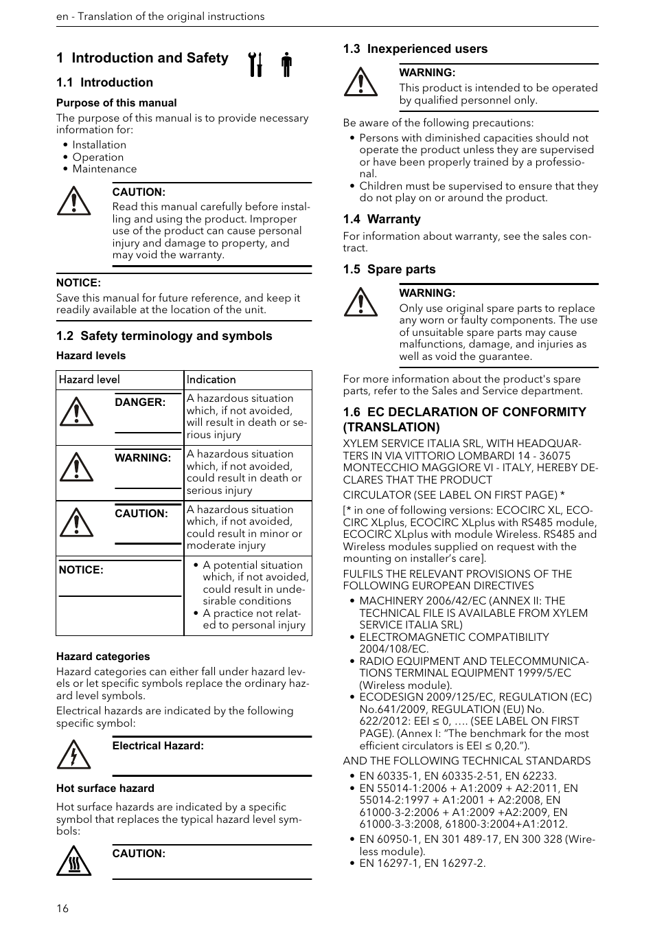 Installation, operation, and maintenance manual, 1 introduction and safety, 1 introduction | 2 safety terminology and symbols, 3 inexperienced users, 4 warranty, 5 spare parts, 6 ec declaration of conformity (translation) | Xylem ECOCIRC XL & XLplus User Manual | Page 16 / 404