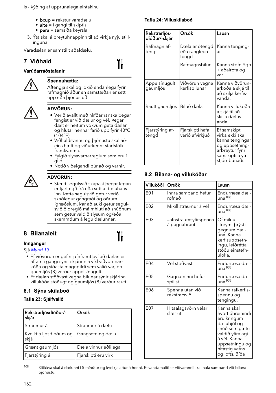 7 viðhald, 8 bilanaleit, 1 sýna skilaboð | 2 bilana- og villukóðar | Xylem ECOCIRC XL & XLplus User Manual | Page 162 / 404