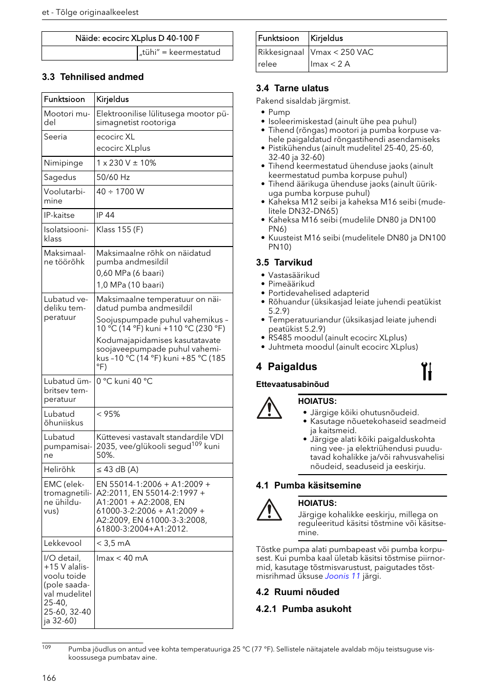 3 tehnilised andmed, 4 tarne ulatus, 5 tarvikud | 4 paigaldus, 1 pumba käsitsemine, 2 ruumi nõuded, 1 pumba asukoht | Xylem ECOCIRC XL & XLplus User Manual | Page 166 / 404