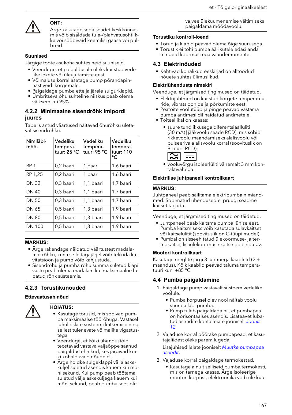 2 minimaalne sisendrõhk imipordi juures, 3 torustikunõuded, 3 elektrinõuded | 4 pumba paigaldamine | Xylem ECOCIRC XL & XLplus User Manual | Page 167 / 404