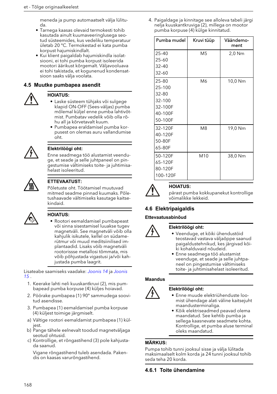 5 muutke pumbapea asendit, 6 elektripaigaldis, 1 toite ühendamine | Muutke pumbapea, Asendit | Xylem ECOCIRC XL & XLplus User Manual | Page 168 / 404