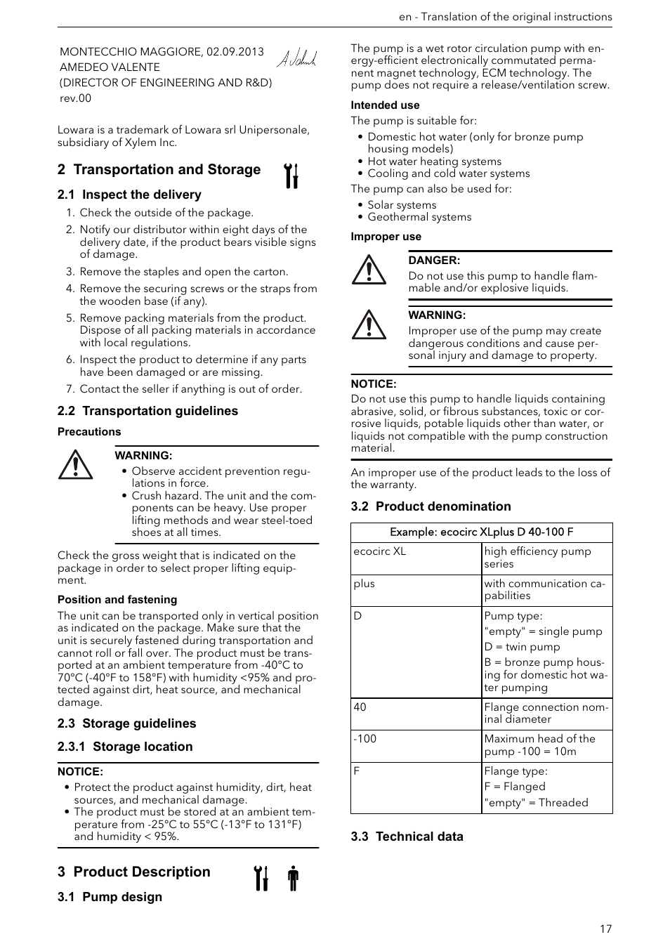 2 transportation and storage, 1 inspect the delivery, 2 transportation guidelines | 3 storage guidelines, 1 storage location, 3 product description, 1 pump design, 2 product denomination, 3 technical data | Xylem ECOCIRC XL & XLplus User Manual | Page 17 / 404