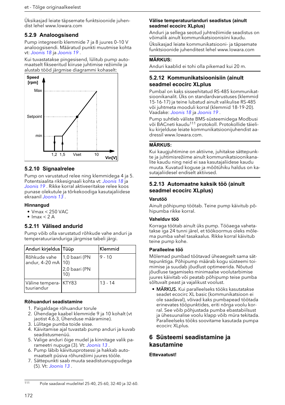 9 analoogsisend, 10 signaalrelee, 11 välised andurid | 6 süsteemi seadistamine ja kasutamine | Xylem ECOCIRC XL & XLplus User Manual | Page 172 / 404