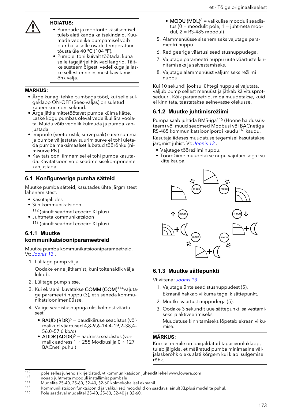 1 konfigureerige pumba sätteid, 1 muutke kommunikatsiooniparameetreid, 2 muutke juhtimisrežiimi | 3 muutke sättepunkti | Xylem ECOCIRC XL & XLplus User Manual | Page 173 / 404
