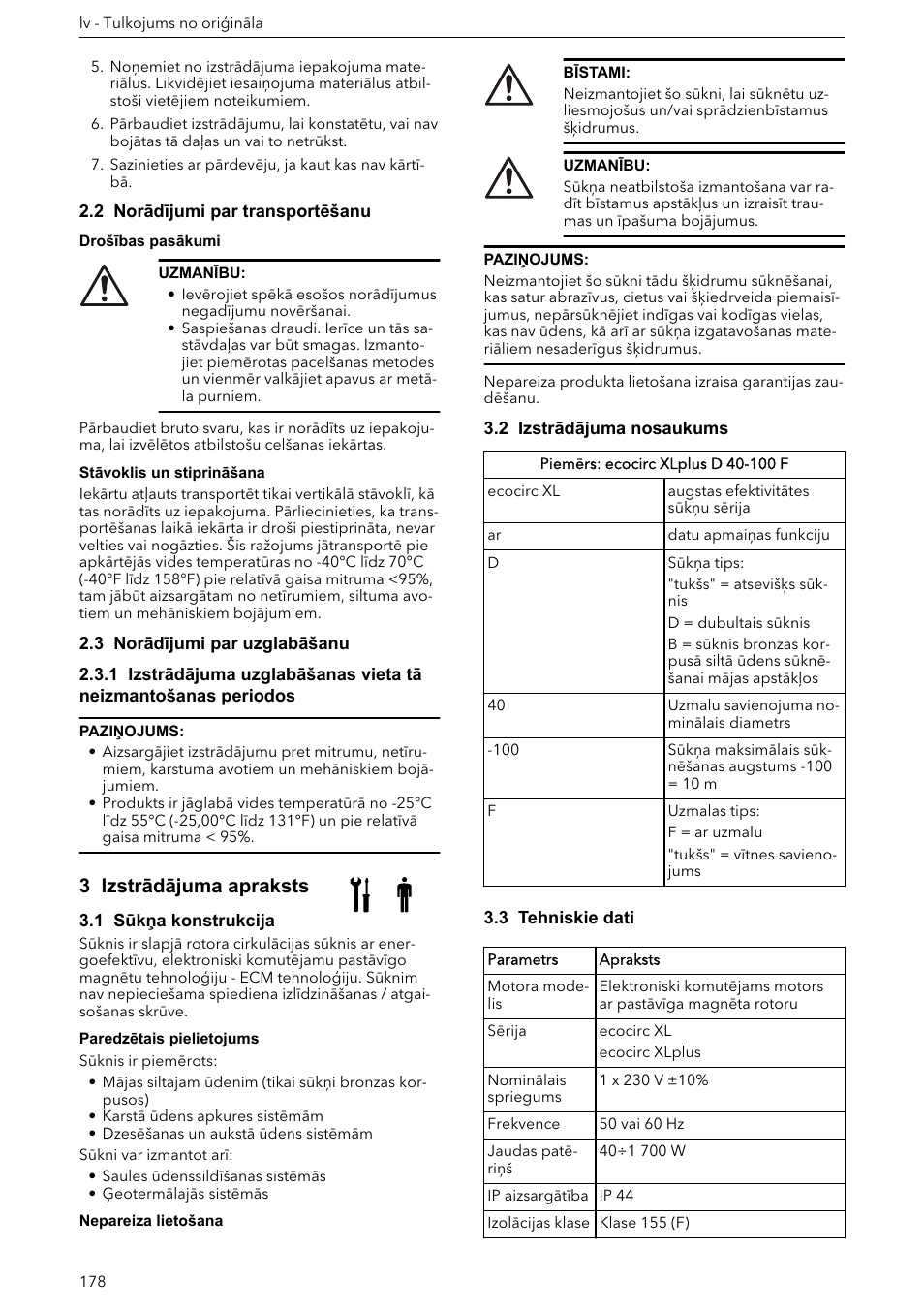 2 norādījumi par transportēšanu, 3 norādījumi par uzglabāšanu, 3 izstrādājuma apraksts | 1 sūkņa konstrukcija, 2 izstrādājuma nosaukums, 3 tehniskie dati | Xylem ECOCIRC XL & XLplus User Manual | Page 178 / 404