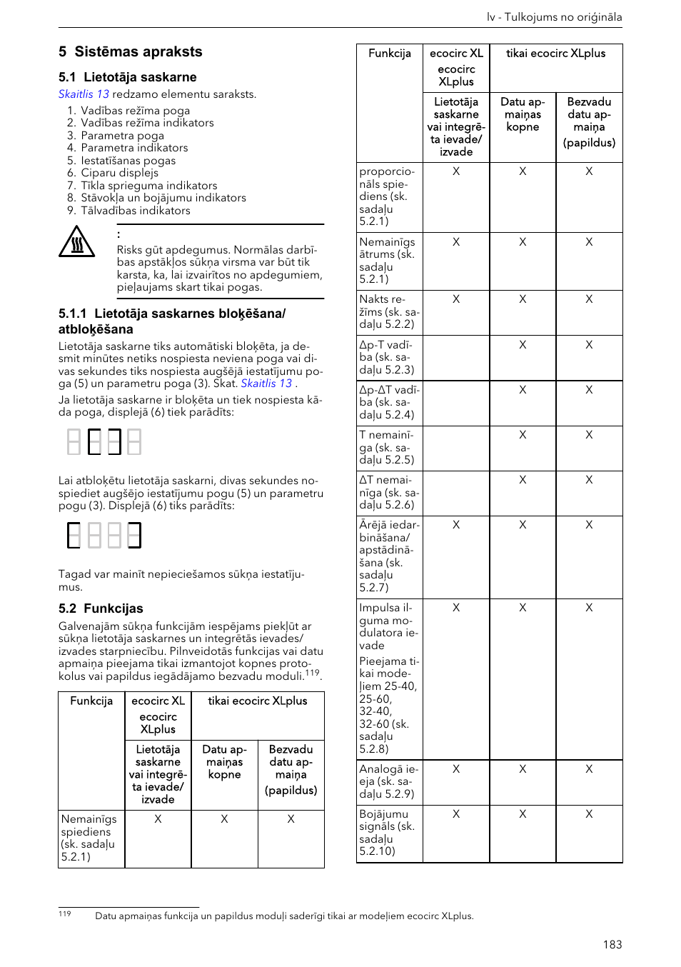 1 lietotāja saskarne, 1 lietotāja saskarnes bloķēšana/atbloķēšana, 2 funkcijas | 5 sistēmas apraksts | Xylem ECOCIRC XL & XLplus User Manual | Page 183 / 404